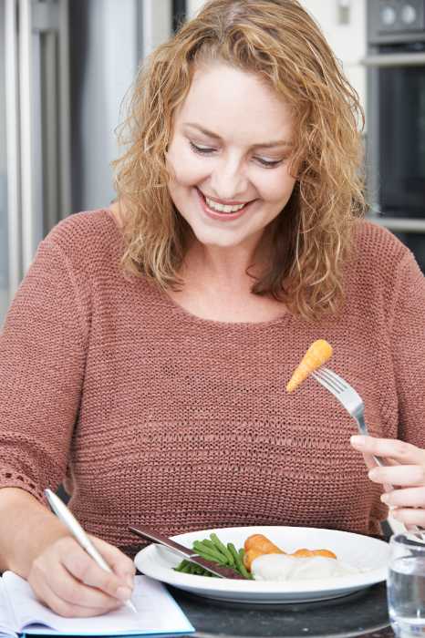 Woman on diet writing details in Food Journal