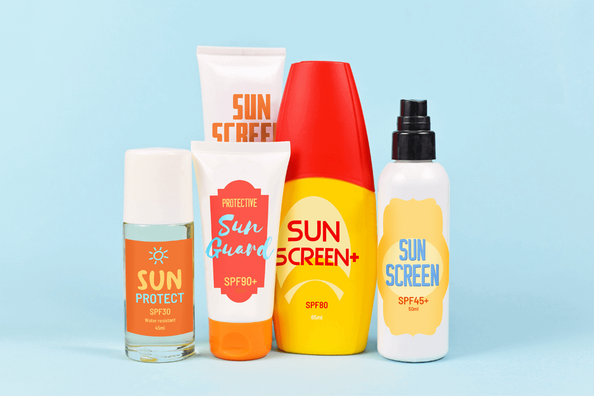 Different protective sun screen bottles and tubes