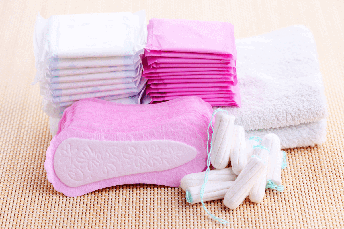 Stacks of a variety of pads and tampons