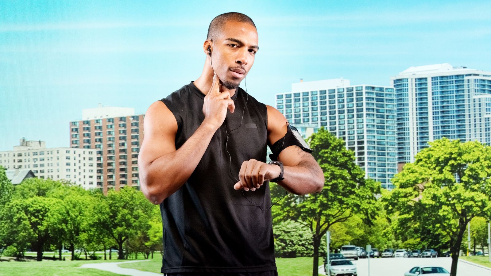 Man checking BPM on a fitness tracker and confirming with his finger