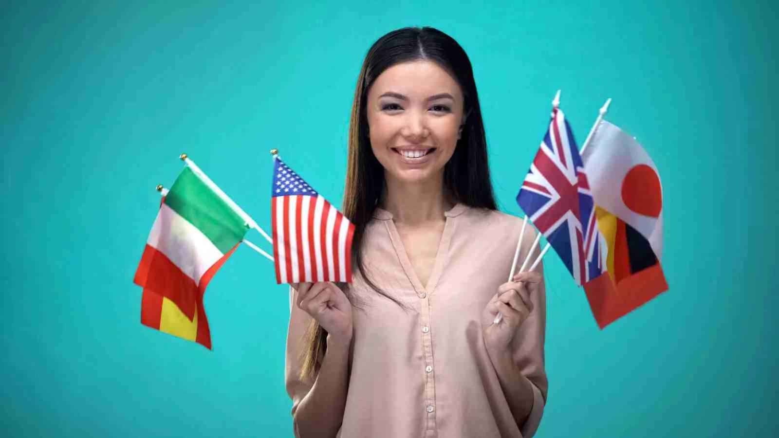 woman holding different flags